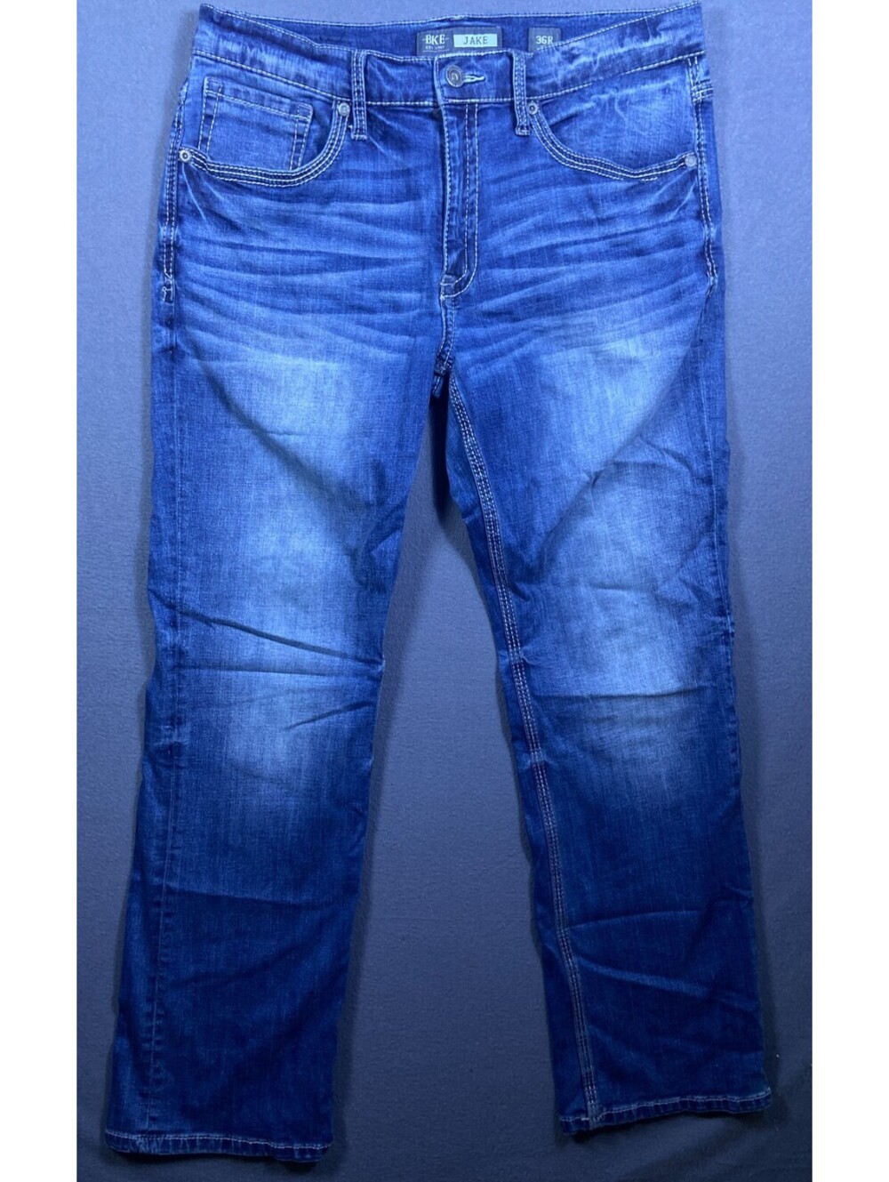 BKE Jake Boot Leg Denim Jeans 36x33 Regular Dark Wash Whiskered Nice Fade!